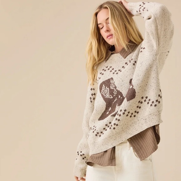 Altar’d State Cozy Cream and Brown Sweater with Boot Design - Picture 2 of 8